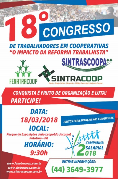 SINTRACOOP/SINTRASCOOPA: Sindicatos vão realizar o 18º Congresso de Trabalhadores em Cooperativas