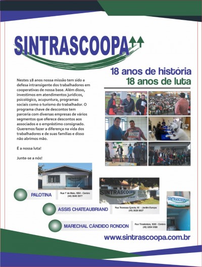 SINTRASCOOPA: Entidade sindical já está há 18 anos prestando serviços em Palotina e região