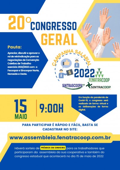 15 DE MAIO: Trabalhadores em cooperativas terão Congresso Estadual